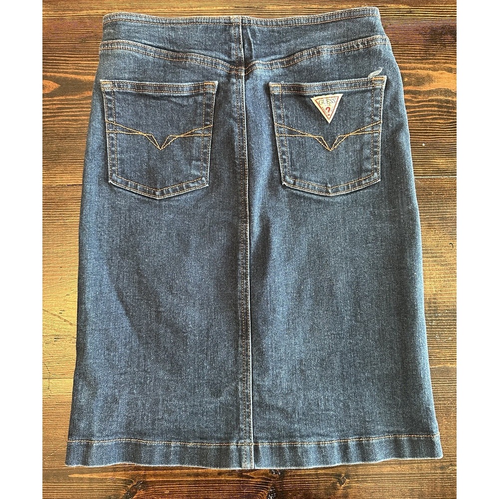 Vtg Guess Triangle Logo Dark Denim Stretch Pencil Skirt Size 24‎ (Small)